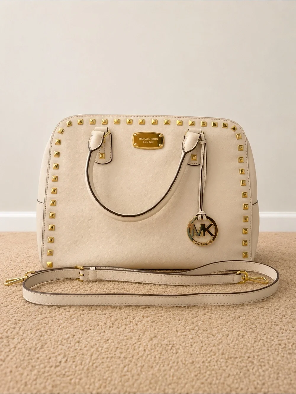 Michael Kors Cream Saffiano Satchel with Gold Stud Trim
